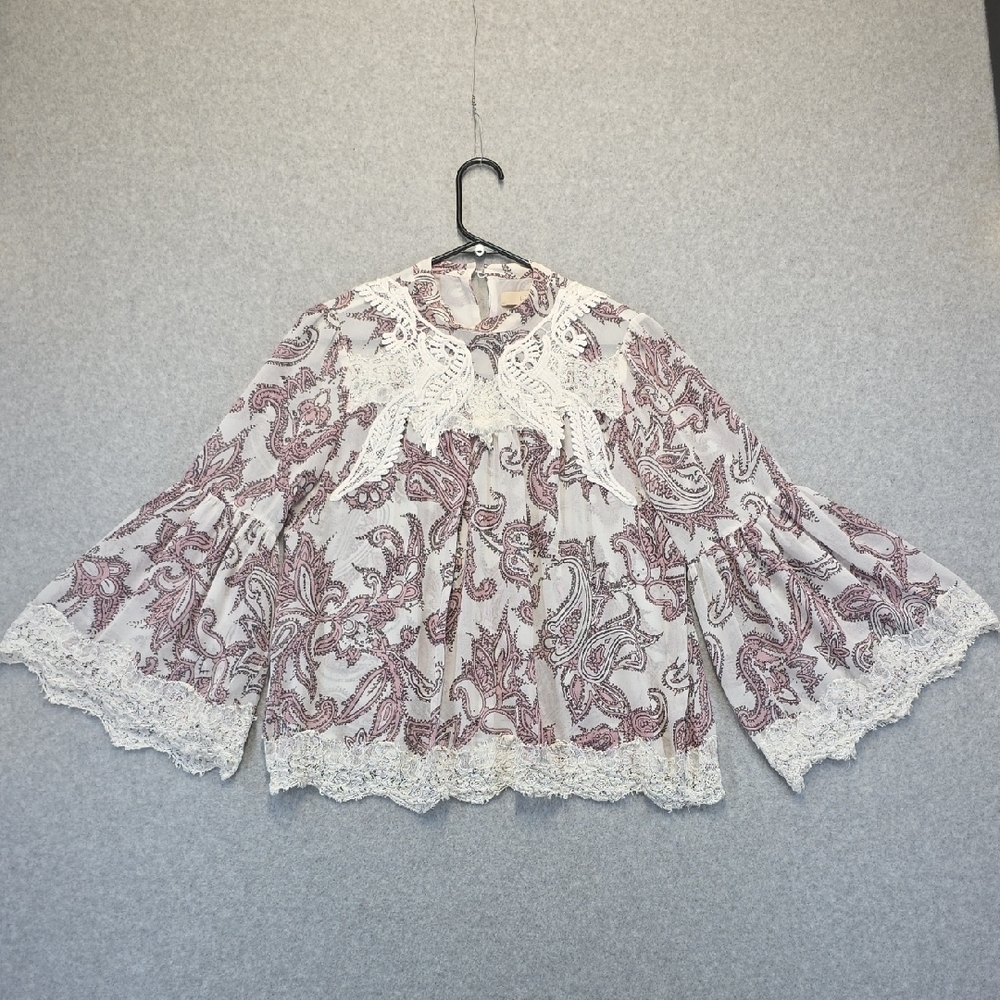 LOFT Sheer Paisley Lace Trim Blouse Women’s Medium Boho Cottagecore